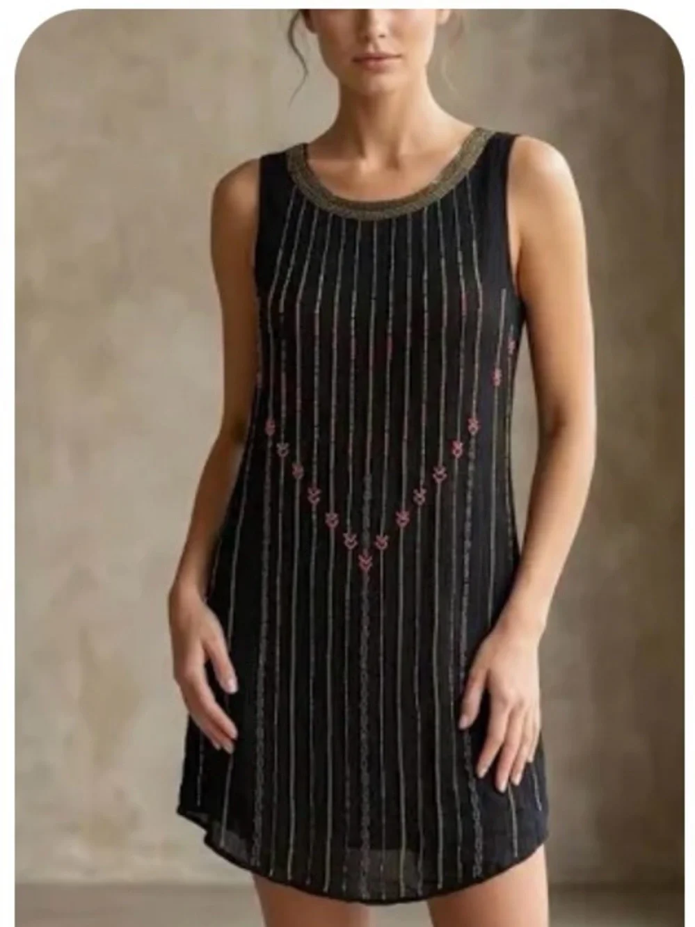 Free People Black Mini Dress with Metallic Neckline and Pink Embroidery
